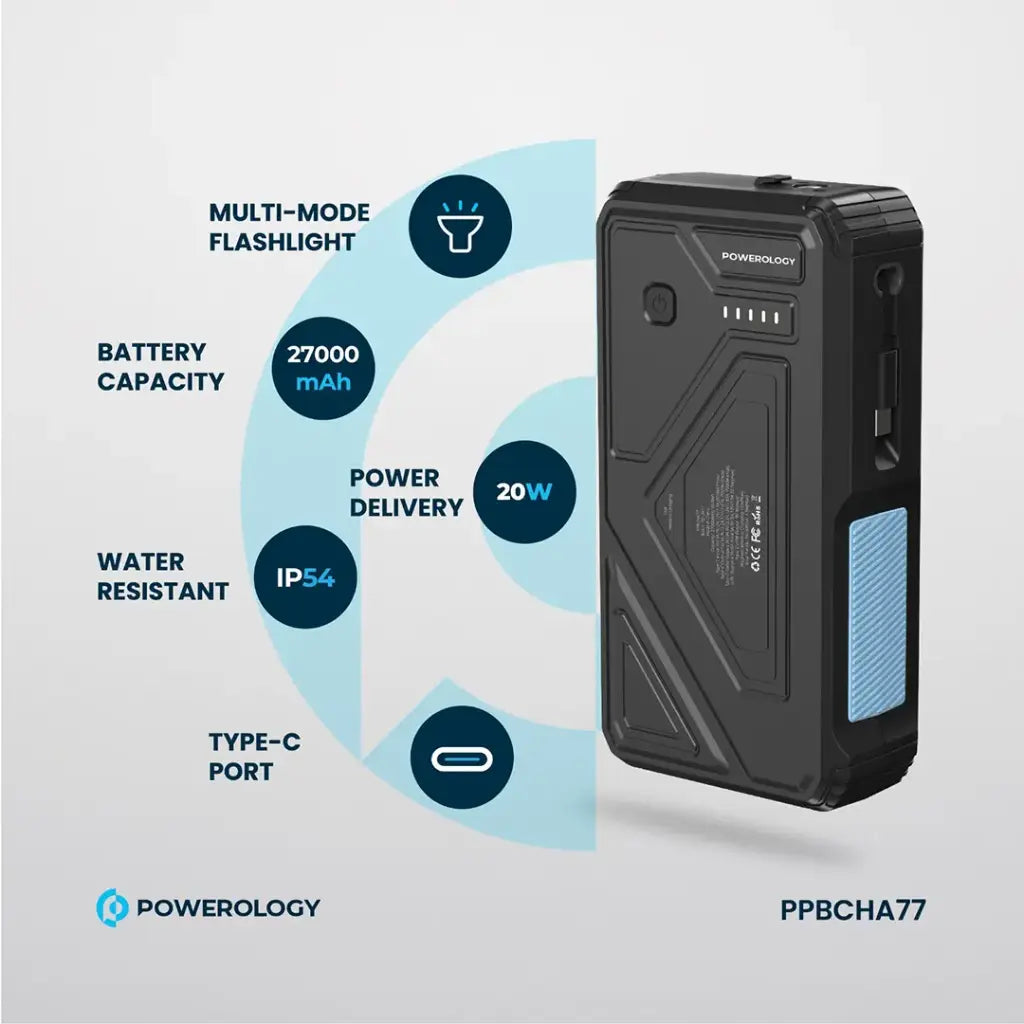 Powerology 27000 mAh Pb with LED Retract C Cable - 15W Wireless Charger