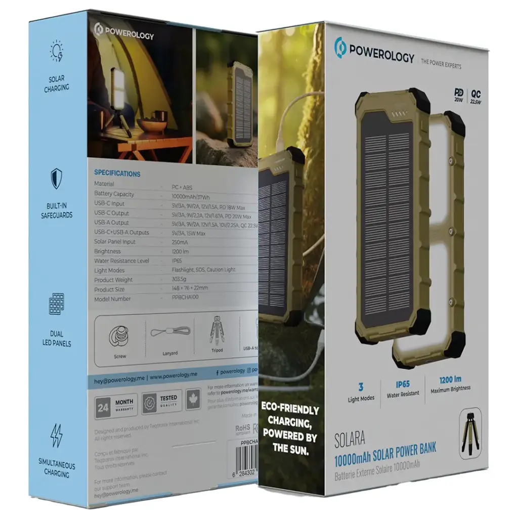 Powerology Solara 10000Mah Ip66 Pd22.5W W/Dual Led Solar Pb-Khaki (6284302755484)