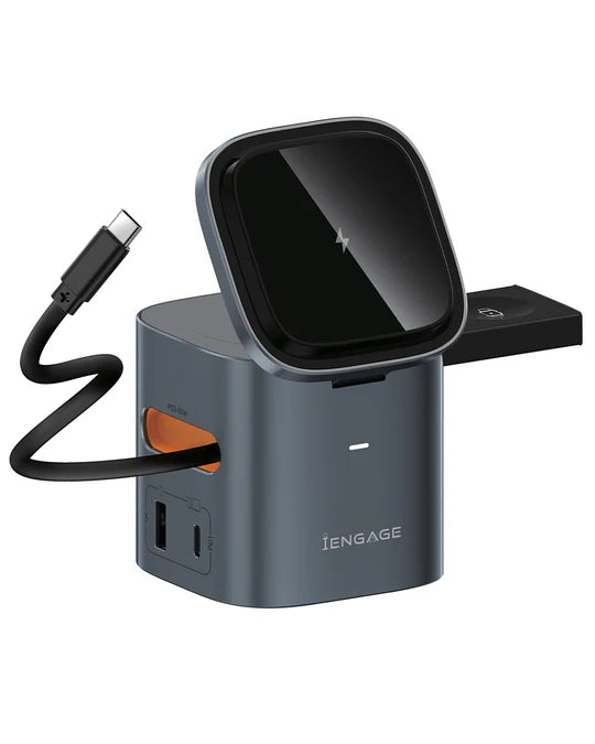 iEngage 6-In-1 Desktop Wireless Charger W/ USB Ports And Retractable cable(80W)