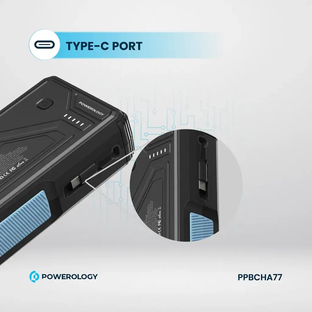Powerology 27000 mAh Pb with LED Retract C Cable - 15W Wireless Charger