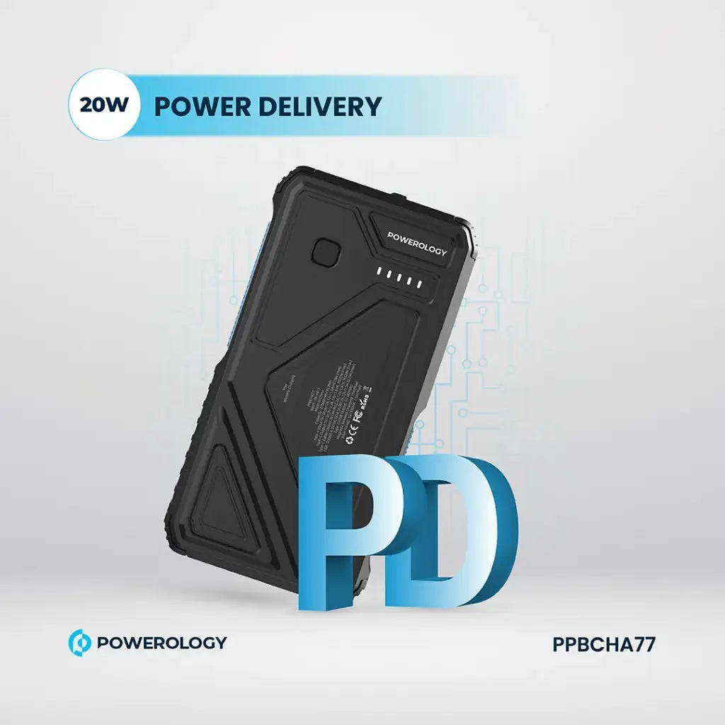 Powerology 27000 mAh Pb with LED Retract C Cable - 15W Wireless Charger