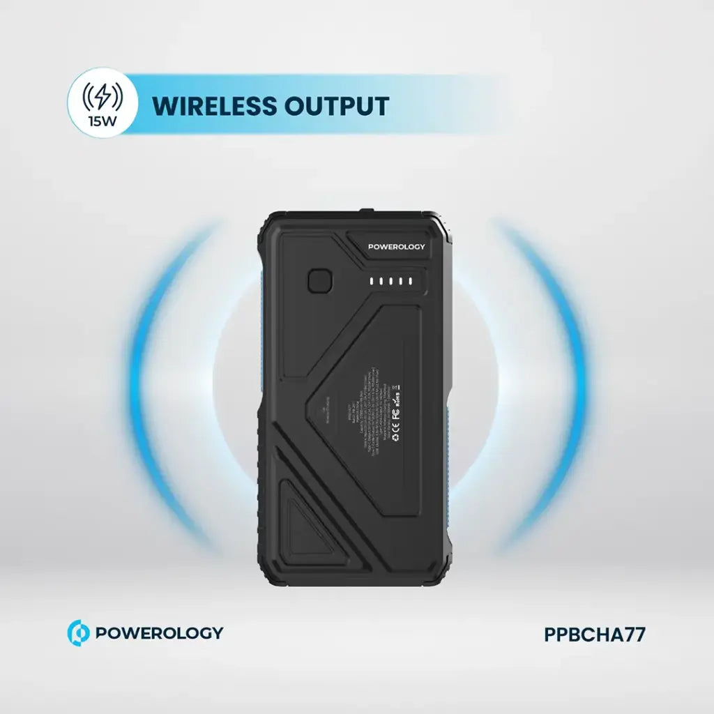 Powerology 27000 mAh Pb with LED Retract C Cable - 15W Wireless Charger