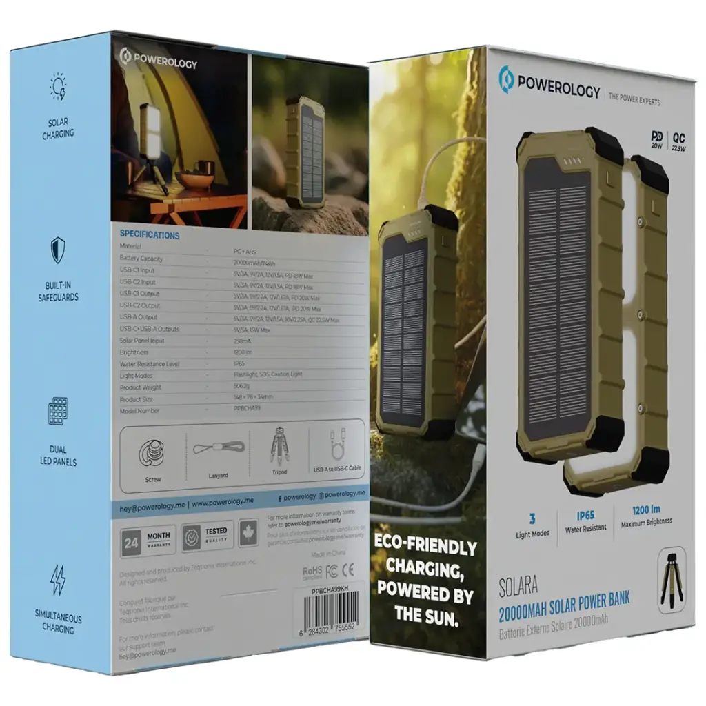 Powerology Solara 20000Mah Ip66 Pd22.5W W/Dual Led Solar Pb-Khaki(6284302755552)