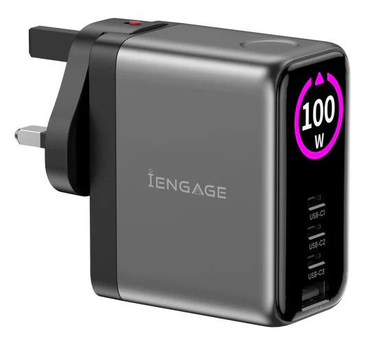 iEngage 100W TFT PD Charger (Triple USB-C + USB -A) W/Interchangeable UK/EU Plug