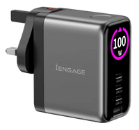 iEngage 100W TFT PD Charger (Triple USB-C + USB -A) W/Interchangeable UK/EU Plug