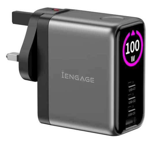 iEngage 100W TFT PD Charger (Triple USB-C + USB -A) W/Interchangeable UK/EU Plug