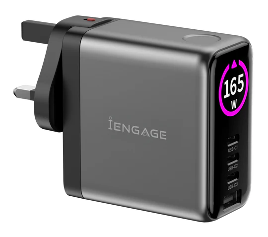 iEngage 165W TFT PD Charger (Triple USB -C + USB-A) W/ Interchangeable UK/EU Plug