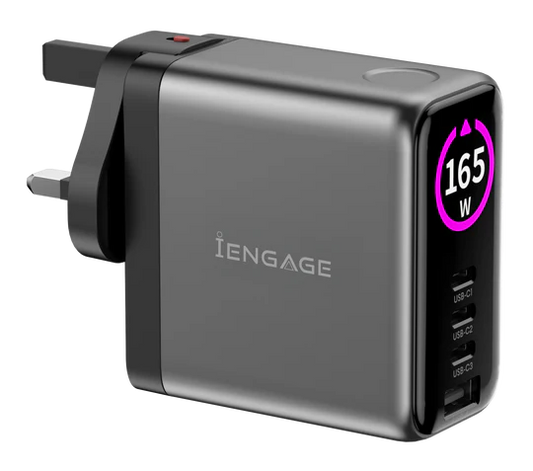 iEngage 165W TFT PD Charger (Triple USB -C + USB-A) W/ Interchangeable UK/EU Plug