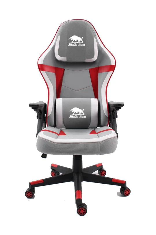 Gaming Chair With Molded Headrest Up & Down - Fabric, Gray White- Red by Black Bull